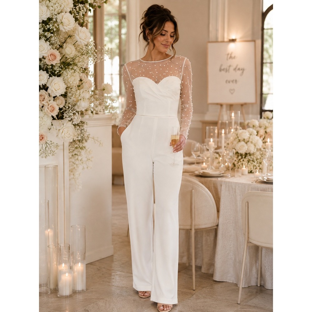 Fehaute Pearl Mesh Long Sleeve Jumpsuit formal‎ white womens small wedding